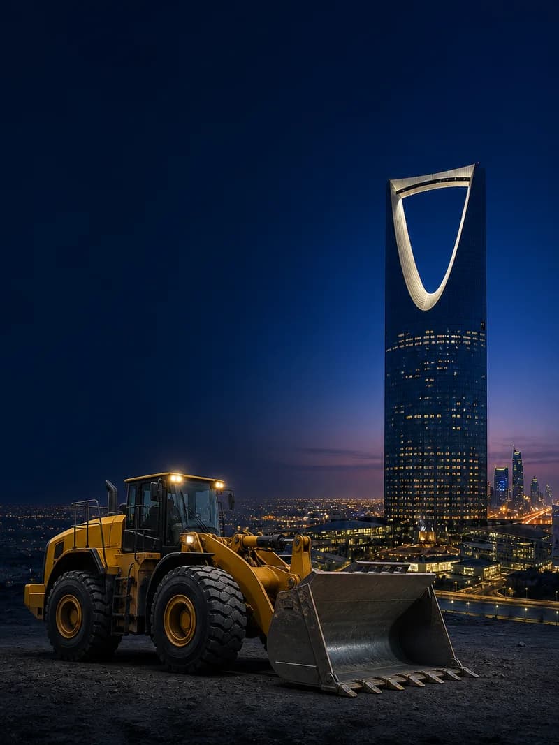 Wheel loader in front of the Riyadh skyline at night
