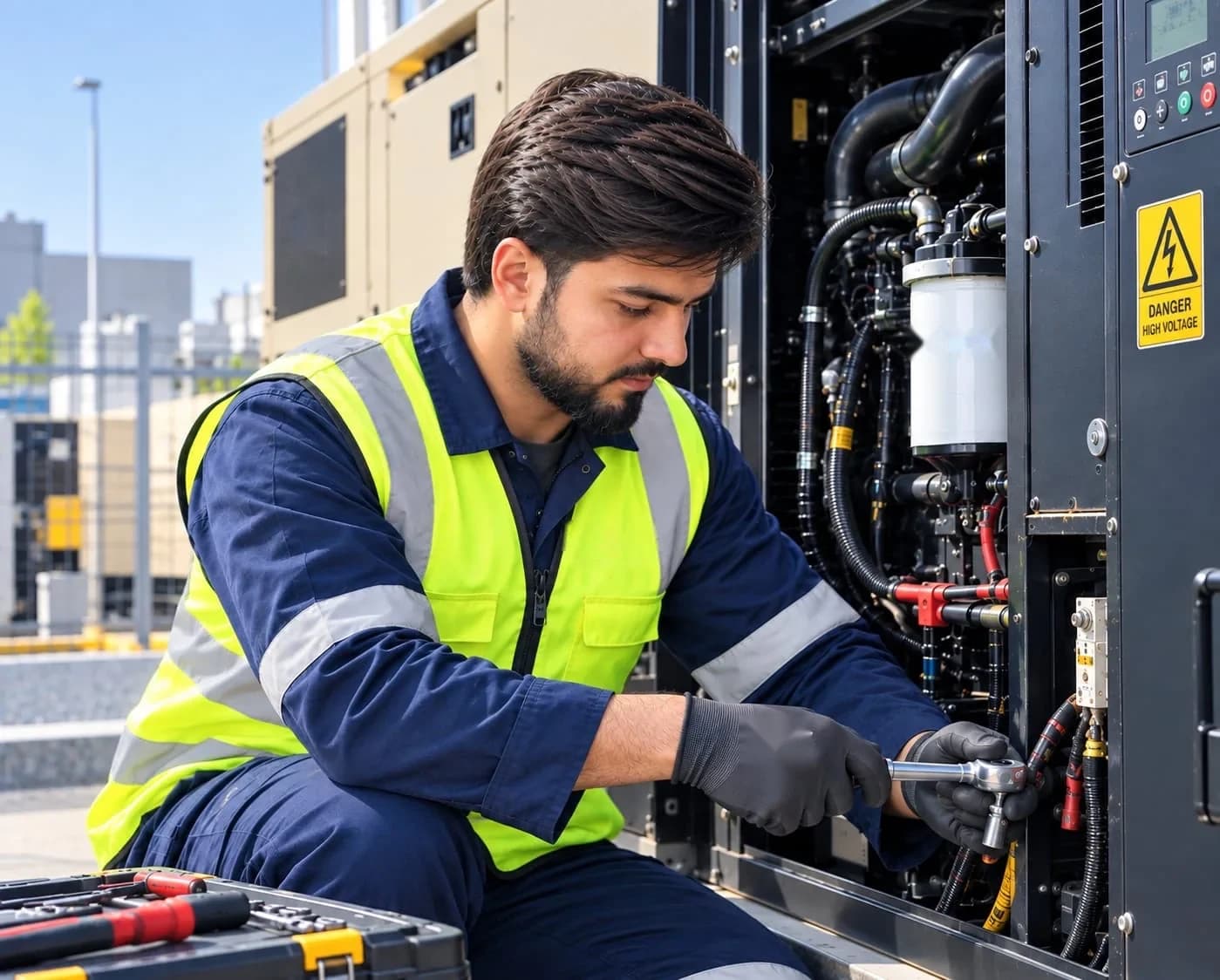 Technician servicing a generator engine with a ratchet